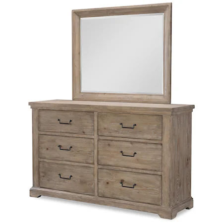 Rustic 6 Drawer Dresser and Mirror Set